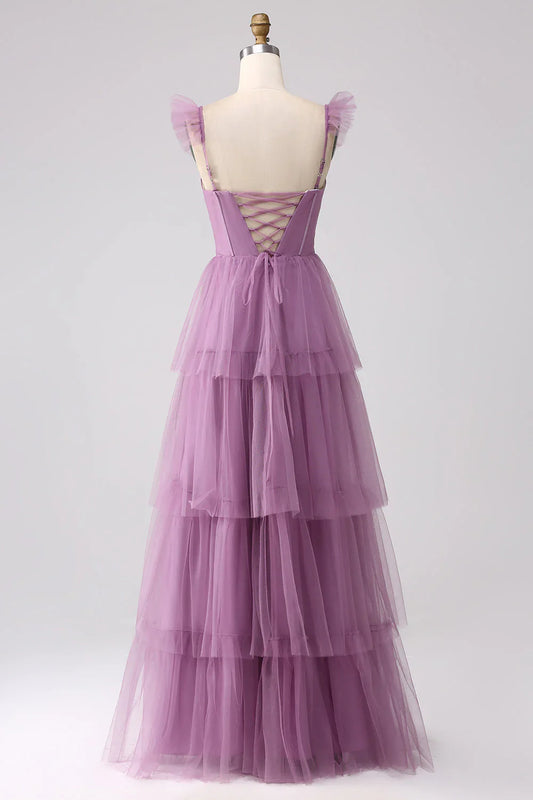 A Line Tulle Tiered Pleated Long Prom Dress With Slit