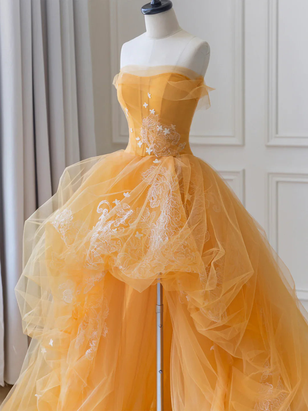 Orange Tulle Lace Long High Low Prom Dress