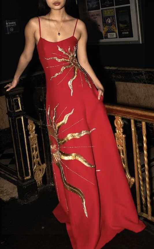 Luxury Red Satin Gold Sequins Prom Dress,Formal Evening Dress Y8200