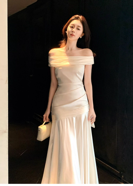 Charming Off The Shoulder White Satin Pleated Mermaid Long Evening Dress Birthday Dress SP1642