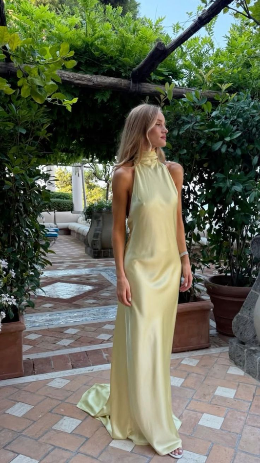 Stylish Sleeveless Halter Yellow Satin Mermaid Bridesmaid Dress Long Wedding Guest Dress D1372
