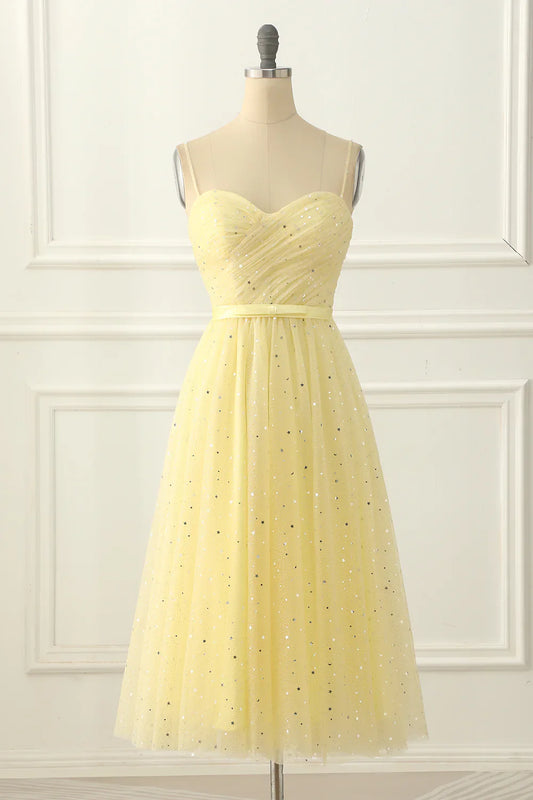 Tulle Spaghetti Straps Midi Sparkly  Yellow Prom Dress