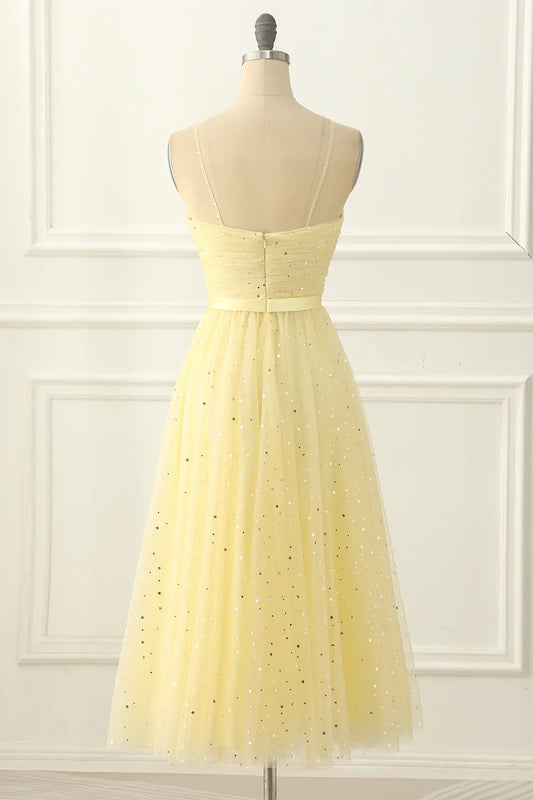 Tulle Spaghetti Straps Midi Sparkly  Yellow Prom Dress