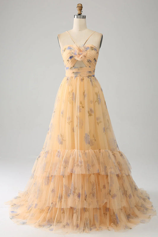 A-Line Halter Pleated Tulle Tiered Yellow Prom Dress With Embroidery