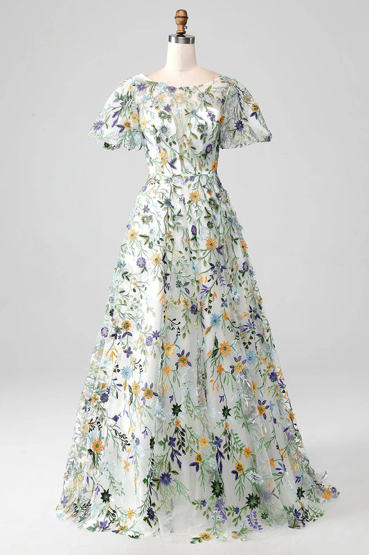 Liymcdress Long Prom Dress Flower Ball-Gown/Princess Embroidered with Short Sleeves