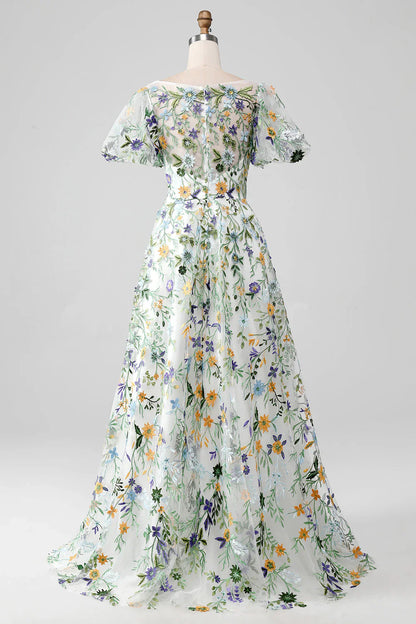 Liymcdress Long Prom Dress Flower Ball-Gown/Princess Embroidered with Short Sleeves