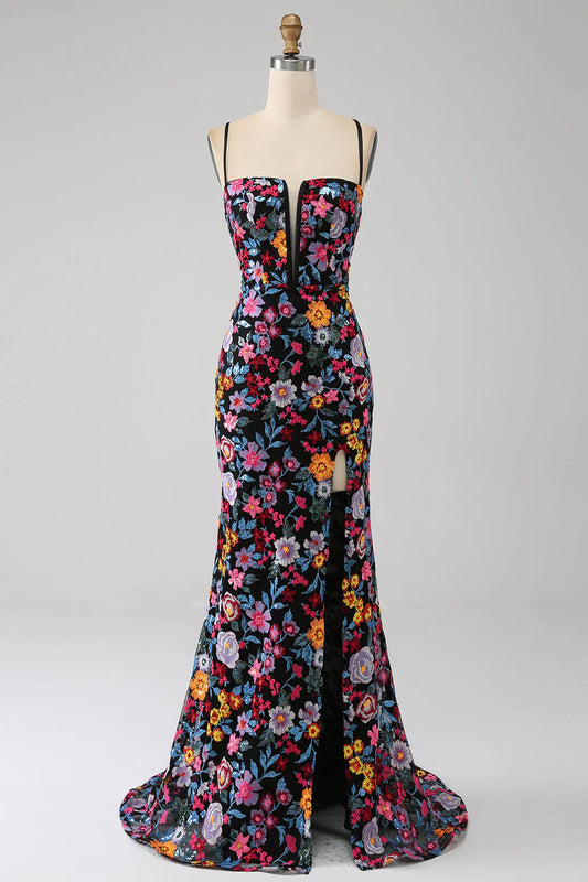 Black Flower Mermaid Spaghetti Straps Embroidered Prom Dress With Side Slit