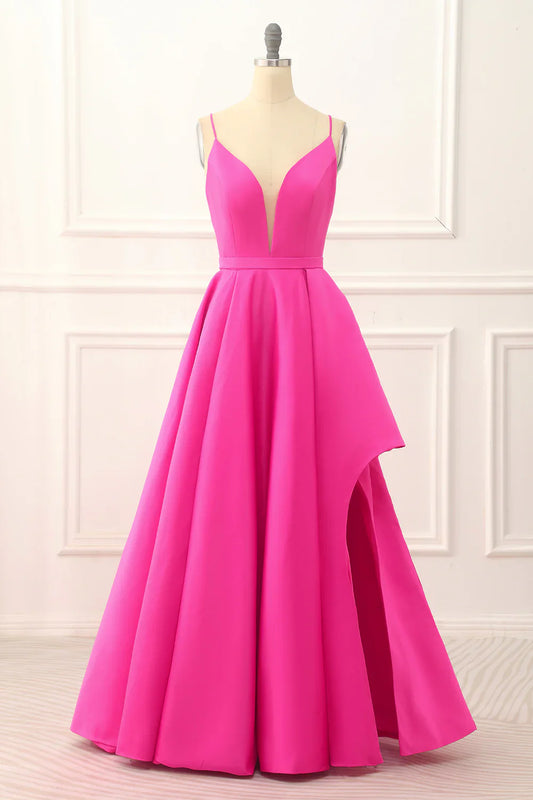 A-Line Satin Hot Pink Prom Dress With Slit