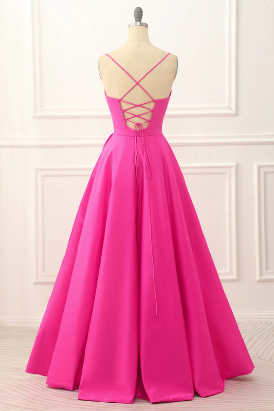 A-Line Satin Hot Pink Prom Dress With Slit