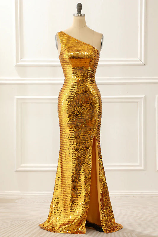 One Shoulder Sparkly Gold Prom Dress With Slit