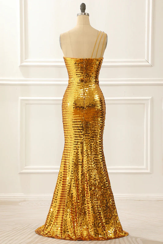 One Shoulder Sparkly Gold Prom Dress With Slit