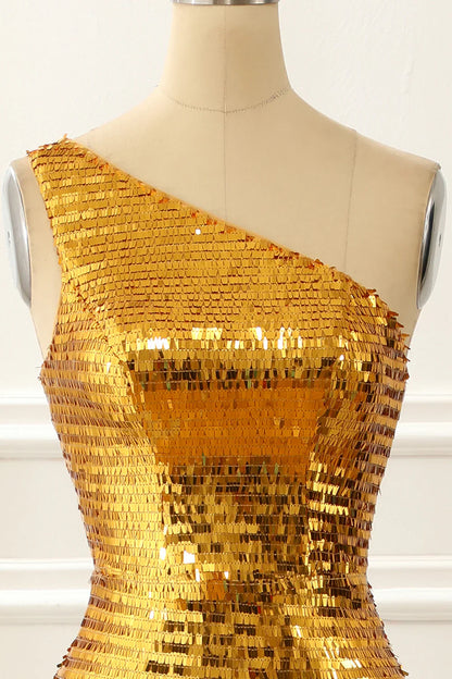 One Shoulder Sparkly Gold Prom Dress With Slit