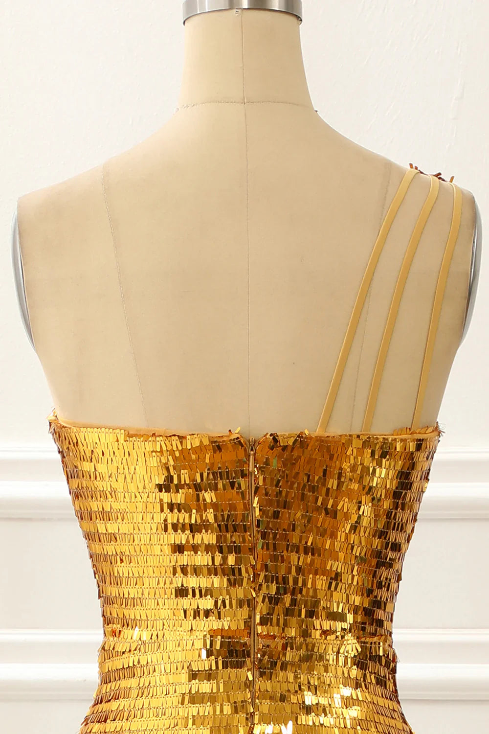 One Shoulder Sparkly Gold Prom Dress With Slit