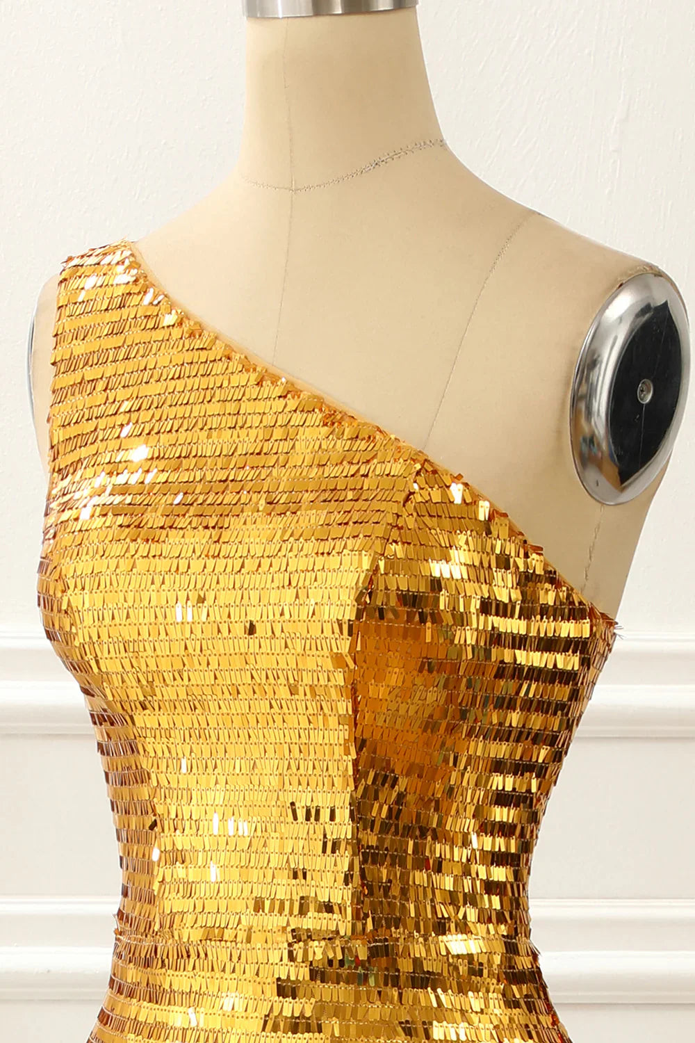 One Shoulder Sparkly Gold Prom Dress With Slit