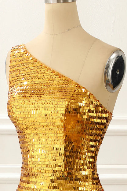 One Shoulder Sparkly Gold Prom Dress With Slit