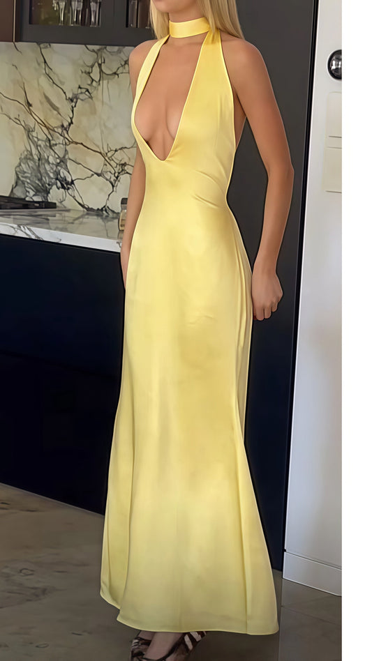 Yellow Satin Prom Dress - Backless Sheath Senior Formal Gown