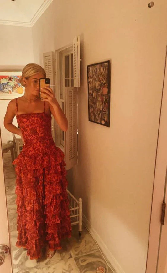 Liymcdress Elegant Formal Women's Dresses Spaghetti Straps Red Lace Long Prom Dress Tiered Evening Dress