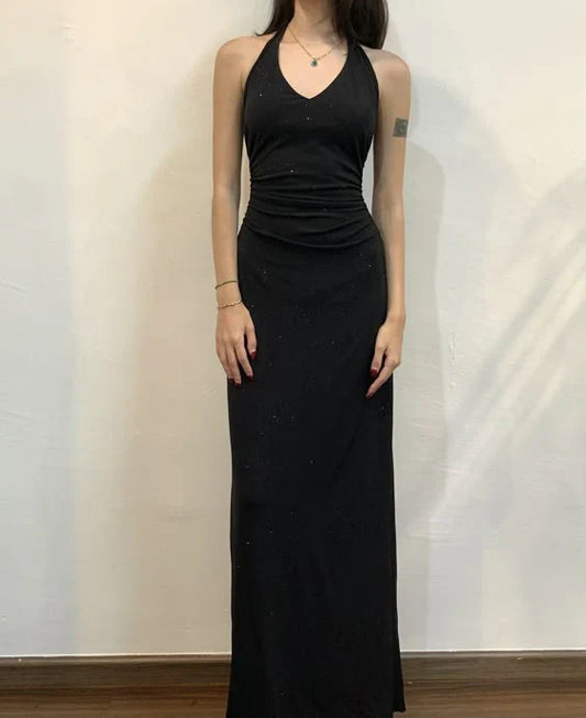 Liymcdress Elegant Formal Women's Dresses Halter Black Long Prom Dress Vintage Evening Dress
