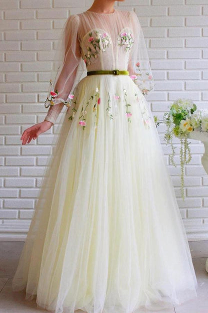 A-line Long Sleeves Tulle Yellow Prom Dress With Embroidery PSK148