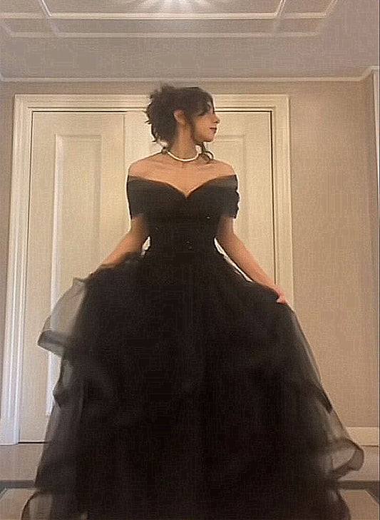 A-Line Black Tulle Chic Sweetheart Long Party Dress, Black Off Shoulder Prom Dress