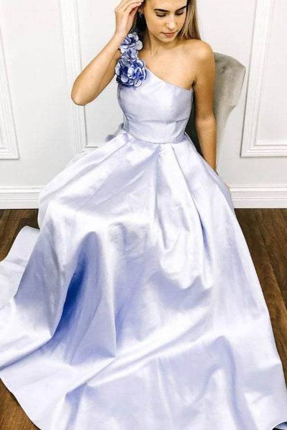 A-Line Blue One Shoulder Flower Long Prom Dress Formal Dress PG967