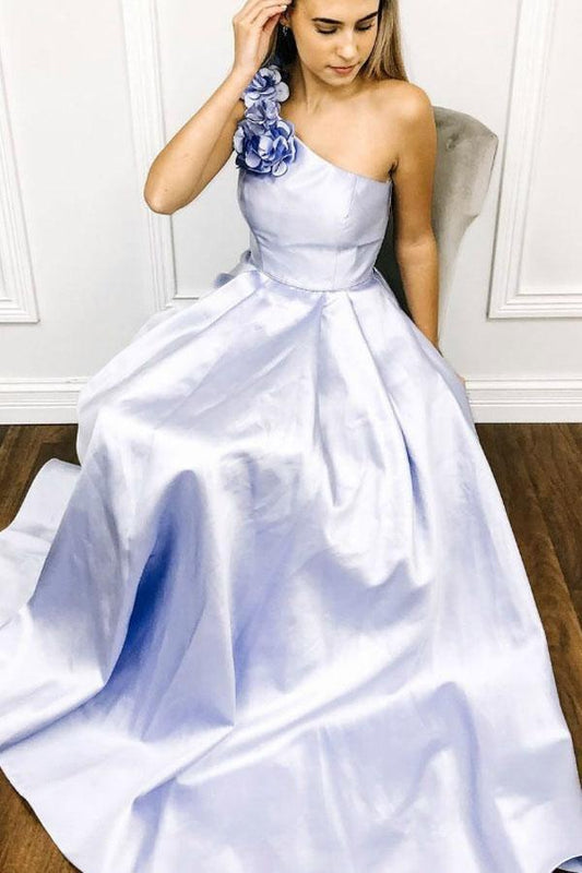 A-Line Blue One Shoulder Flower Long Prom Dress Formal Dress PG967