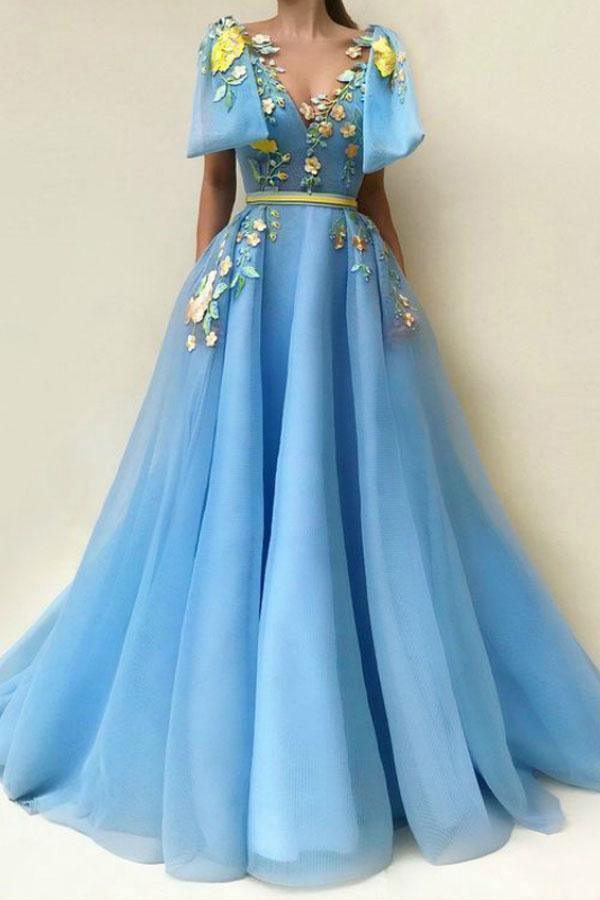 A Line Floor-length Embroidery Blue Prom Dress With Pockets  PG985