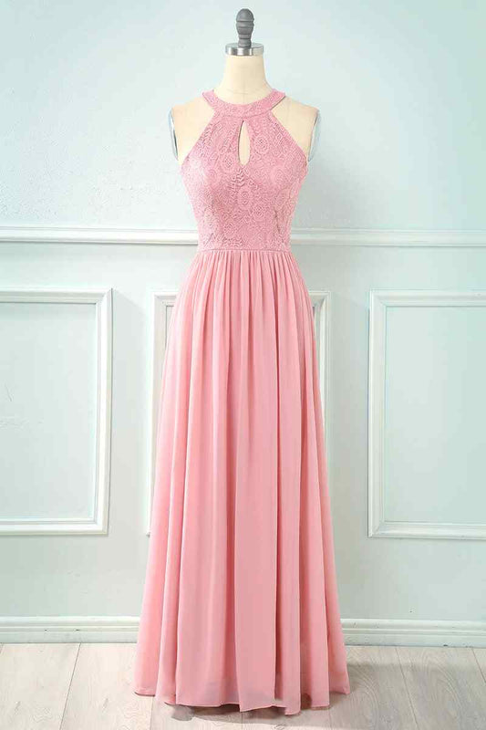 A-line Halter Lace Cut-Out Chiffon Long Bridesmaid Dress
