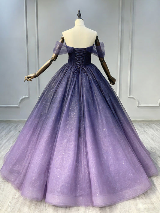 A-Line Off Shoulder Sweetheart Shiny Tulle Purple Ball Gown Prom Dress