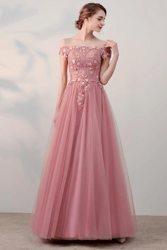 Off The Shoulder Applique Pink Prom Dress Evening Dress PSK062