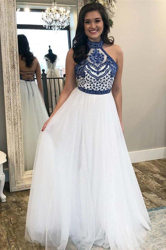 A Line Off White Halter Prom Dress Long Formal Dress  PG970
