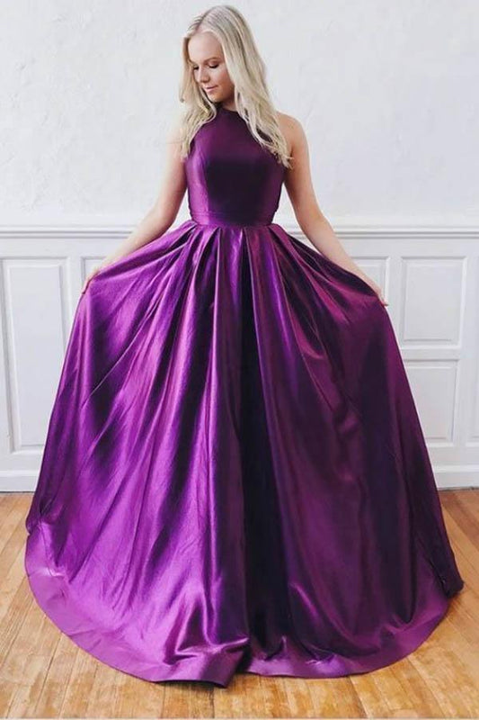 A-Line Satin Backless Long Crossed Straps Purple Prom Dress PG987