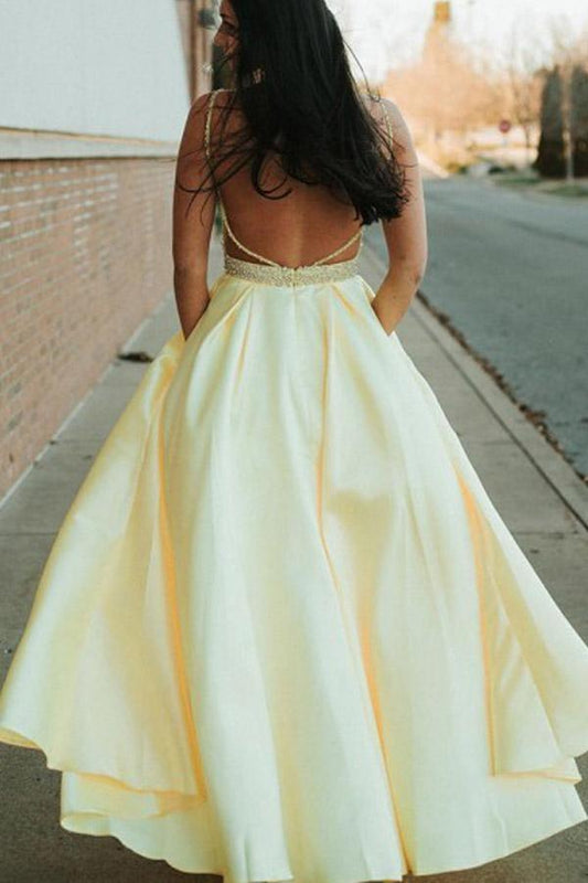 A Line Spaghetti Straps Yellow Prom Dress With Beading PSK145