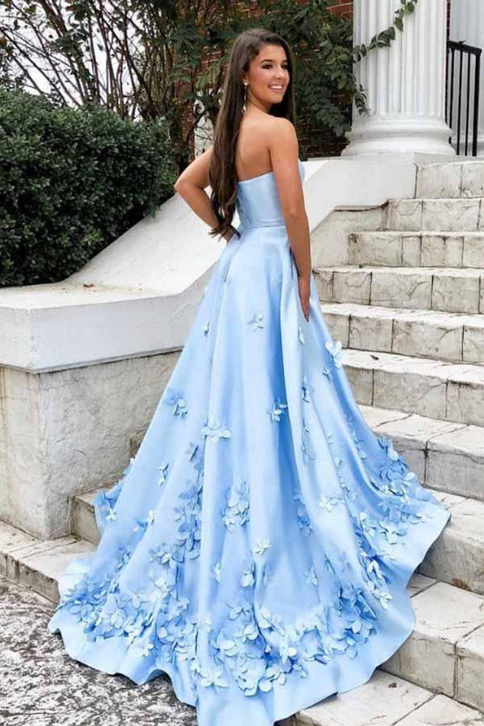 A-Line Sweetheart Sky Blue 3D Floral Applique Long Prom Dress PG988