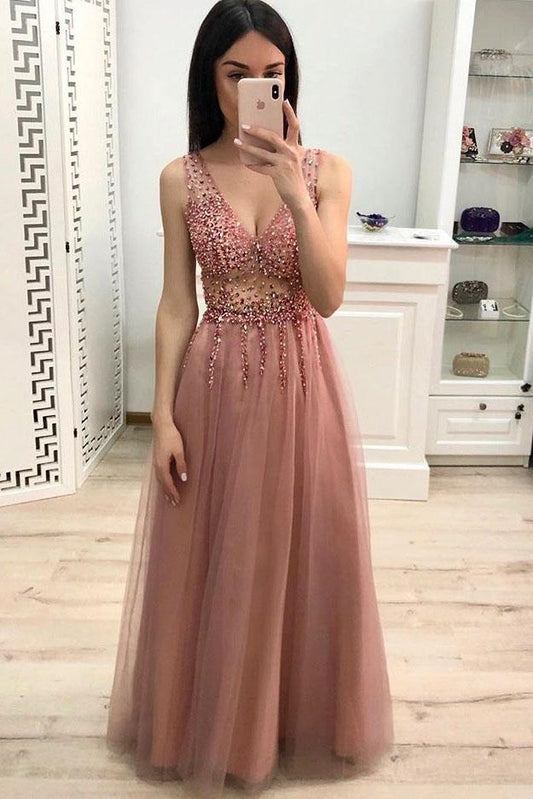 A Line V Neck Beading Pink Prom Dress Long Party Dress  PM201