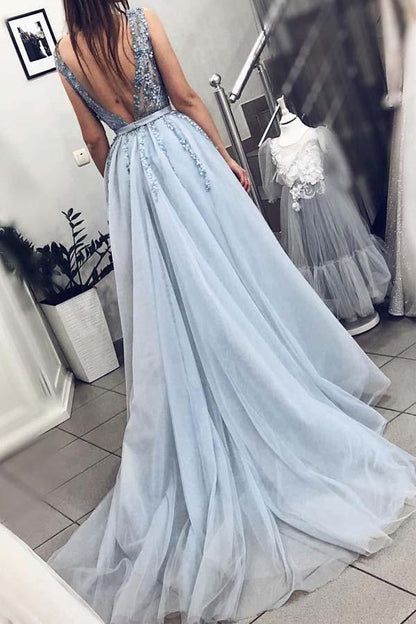 A-line V Neck Plunging Neck Light Blue Prom Dress with Beading PM239