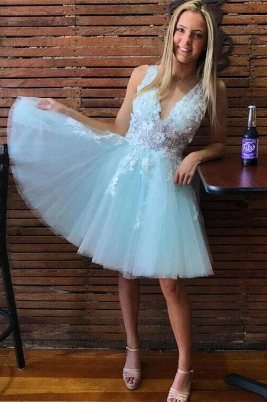 A-line V Neck Tulle Short Pink and White Homecoming Dress Short Prom Dress   PD350