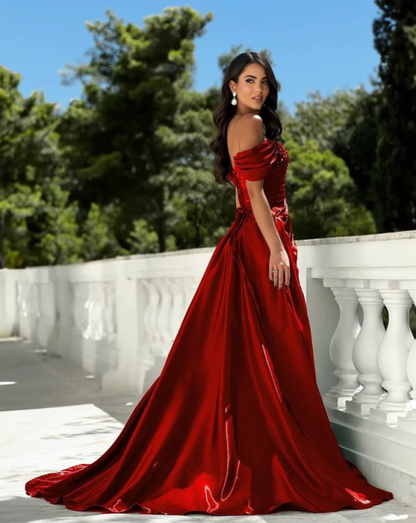 Charming Red Off-Shoulder Pleated Prom Dress Floor Length with Split - liymcdress