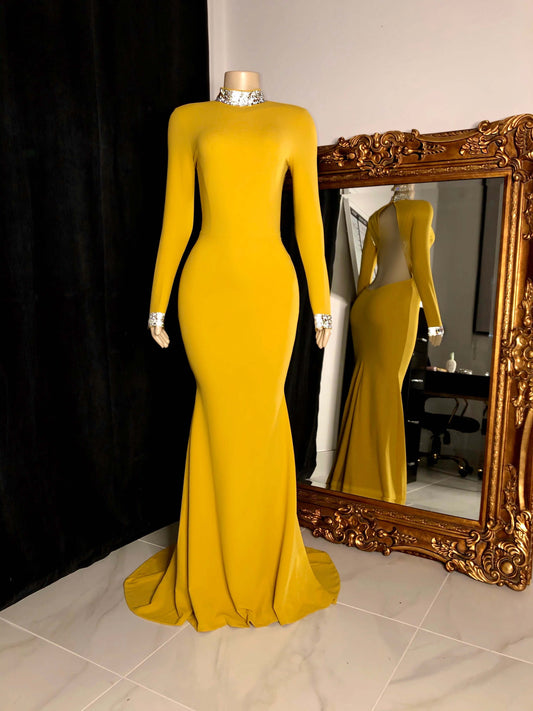 Shining Yellow Long Sleeve Mermaid Prom Dress Floor Length with Backless