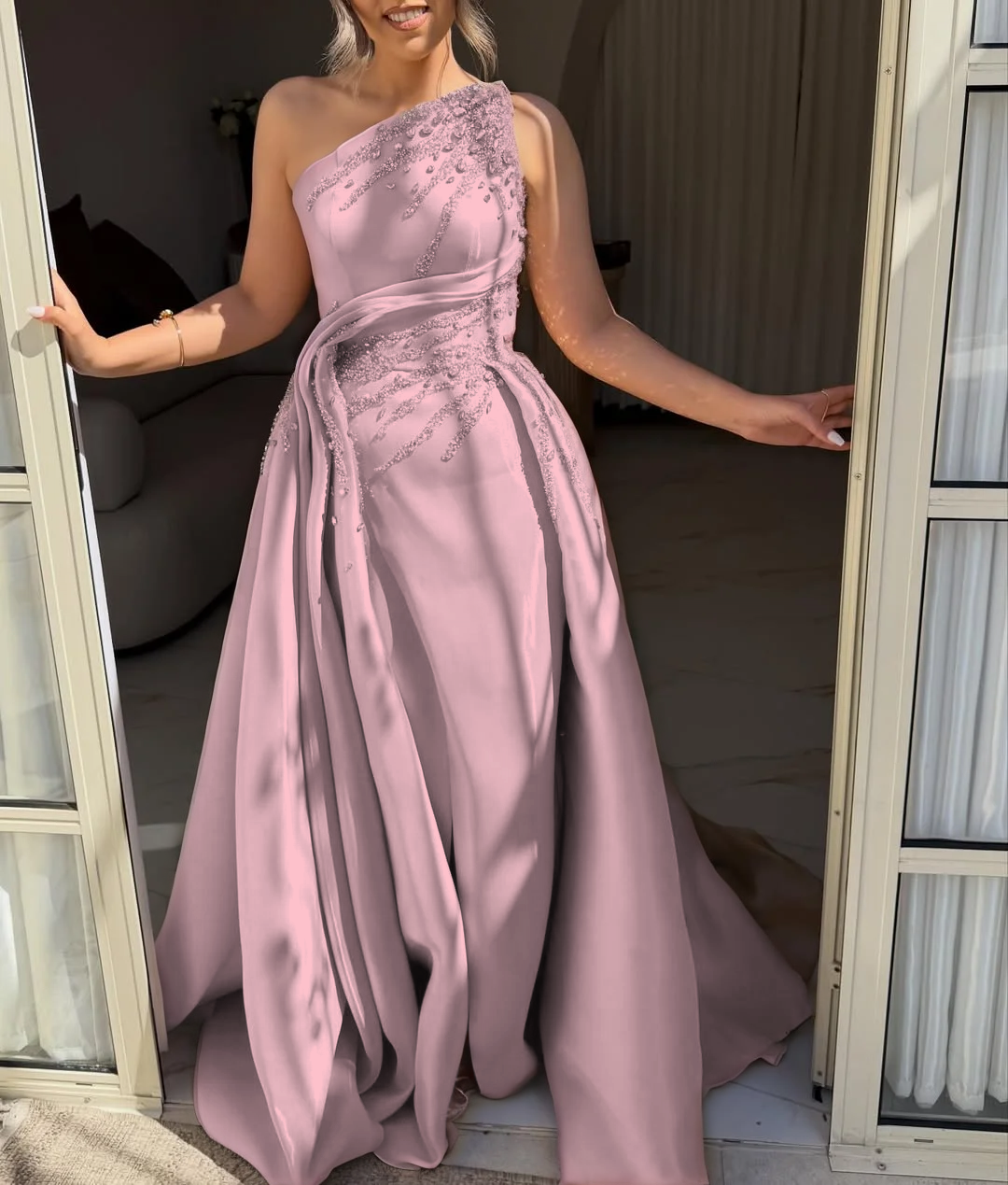 Light Gold One Shoulder Sleeveless A Line Prom Dress Pleated with Rhinestone - liymcdress