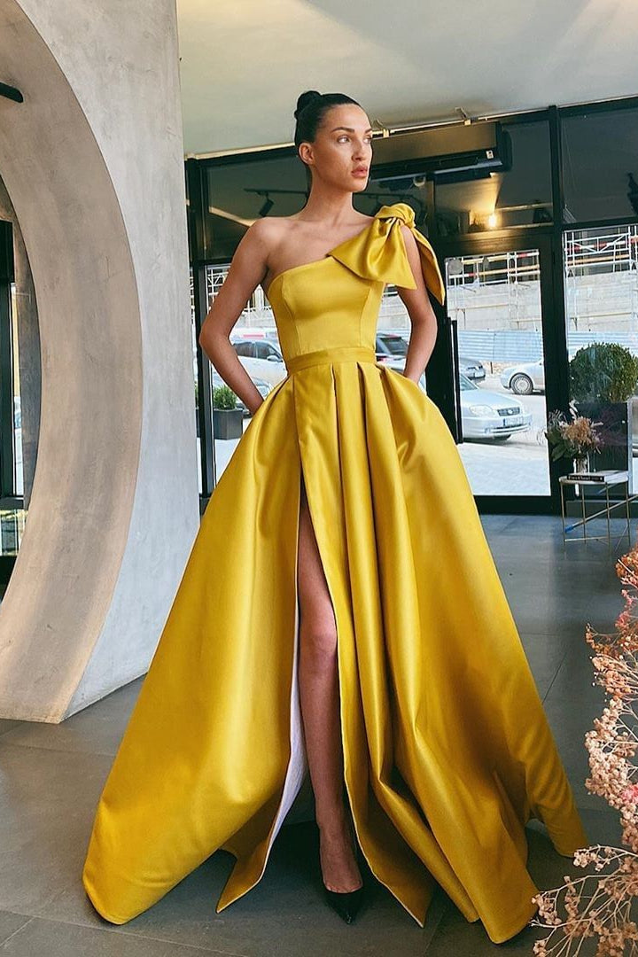 Yellow One-Shoulder Prom Dress Split with Pockets - liymcdress