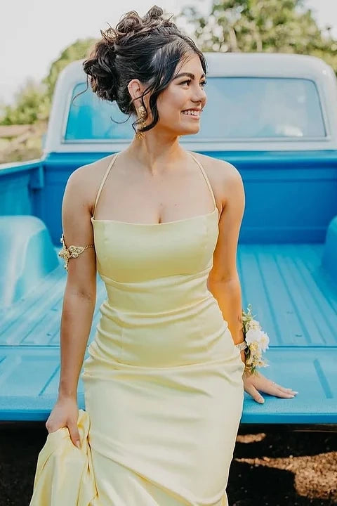 Yellow Sleevelesss Spaghetti Straps Square Mermaid Prom Dress - liymcdress