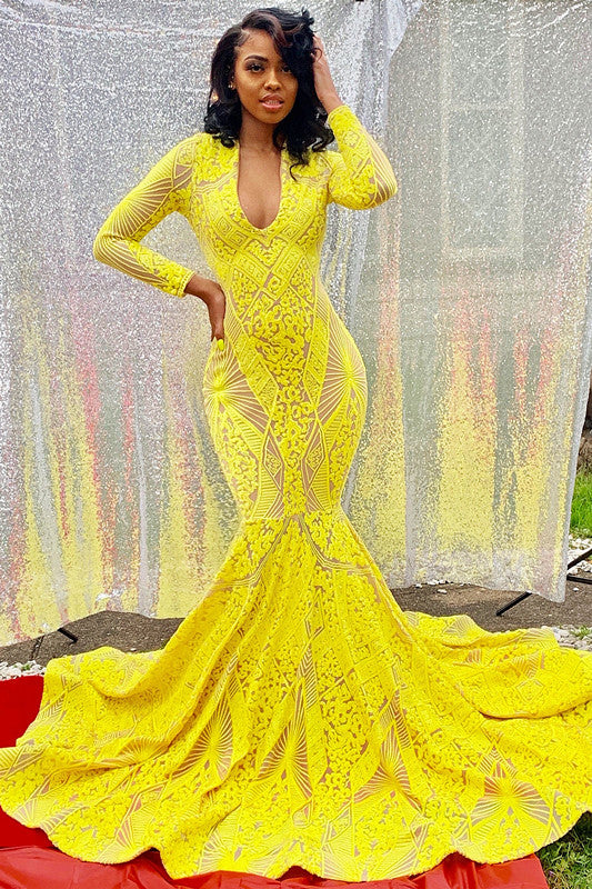 Elegant Long Sleeves Mermaid Yellow Prom Dress With Appliques | Liymcdress