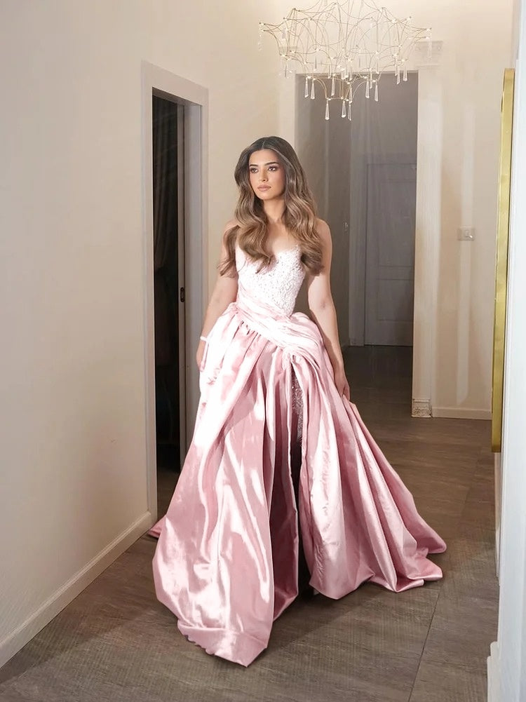 Light Gold Strapless Sleeveless Pleated A Line Prom Dress with Beaded - liymcdress