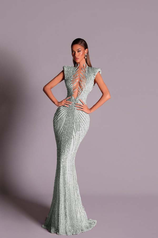Glitter Light Gold V Neck Mermaid Prom Dress with Beadings - liymcdress