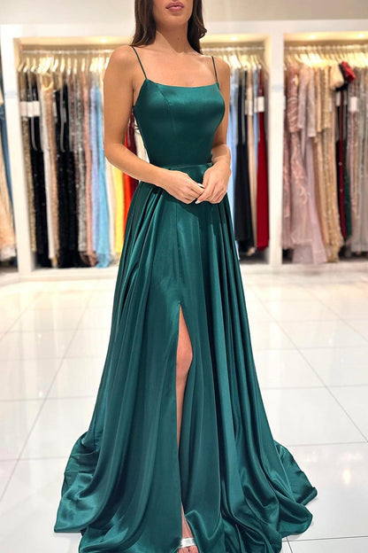 Green Spaghetti Strap Square Prom Dress A-Line High Split with Pleated