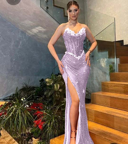 Purple Sweetheart Sleeveless Mermaid Split Prom Dress with Sequins - liymcdress