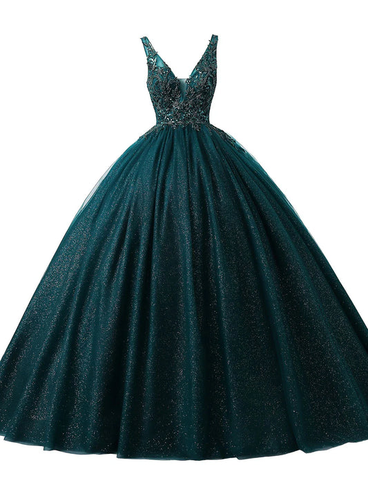 Liymcdress Ball Gown Prom Dresses Sparkle & Shine Dress Quinceanera Birthday Floor Length Sleeveless V Neck Tulle with Sequin Appliques