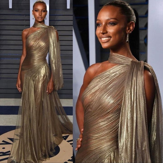 Dark Golden Tulle Prom Dress Long One Shoulder Pleated Sleeveless  - liymcdress