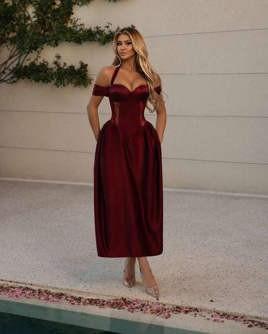 Gorgeous Burgundy Off-Shoulders Prom Dress Backless with Lace - liymcdress